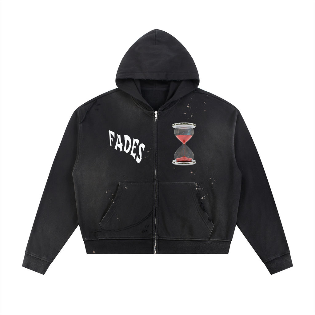 Sun Fade Frayed Raw Edge Fleece Zip Hoodie