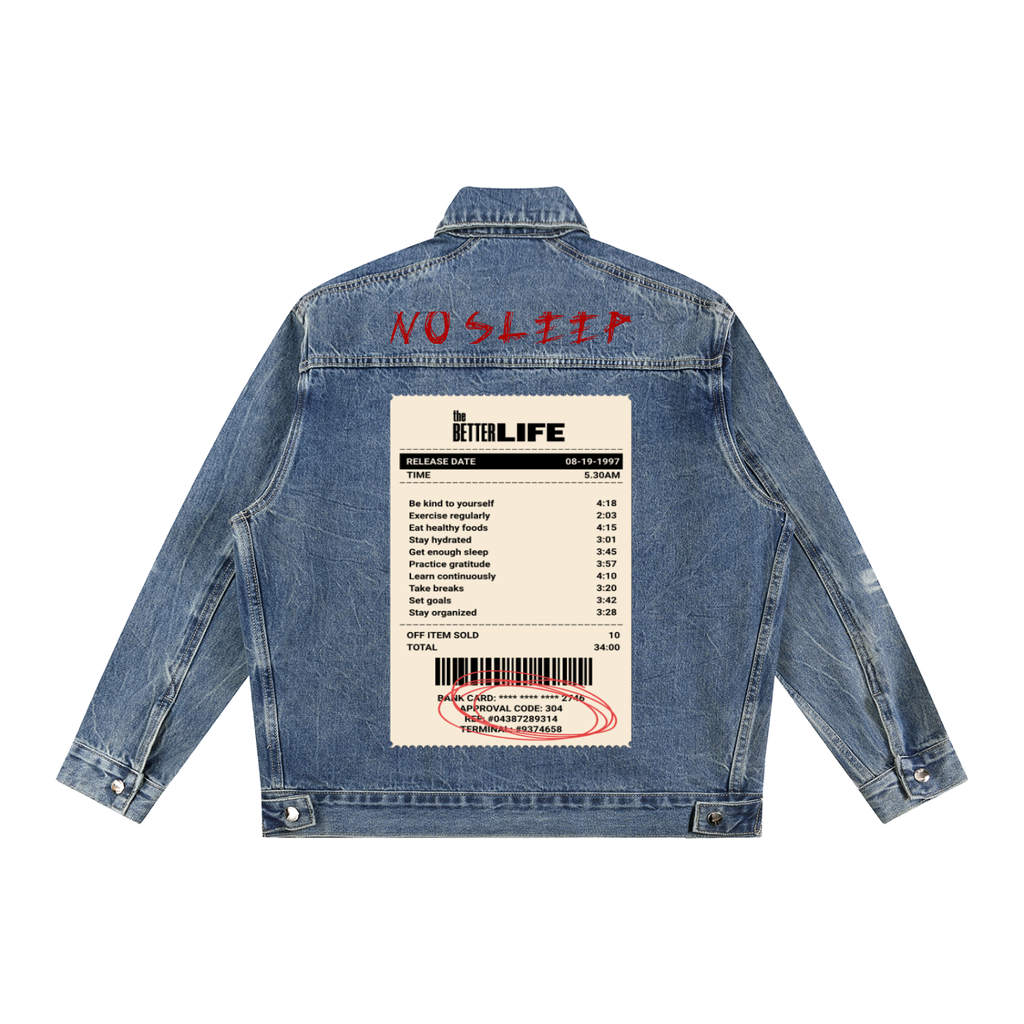 Vintage ( No Sleep )  Wash Zip Up Denim Jacket