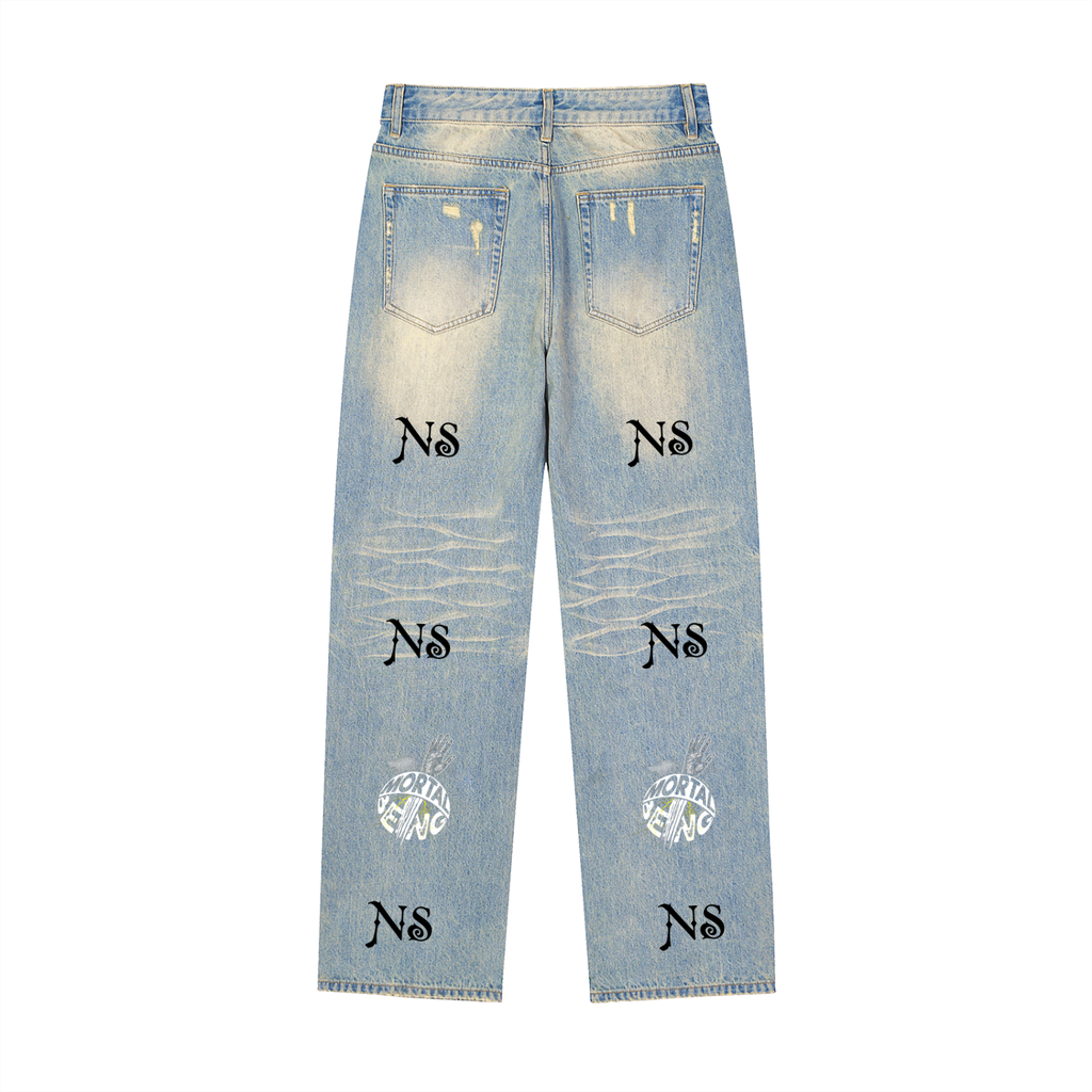 Sun Fade Raw Hem Denim Jeans