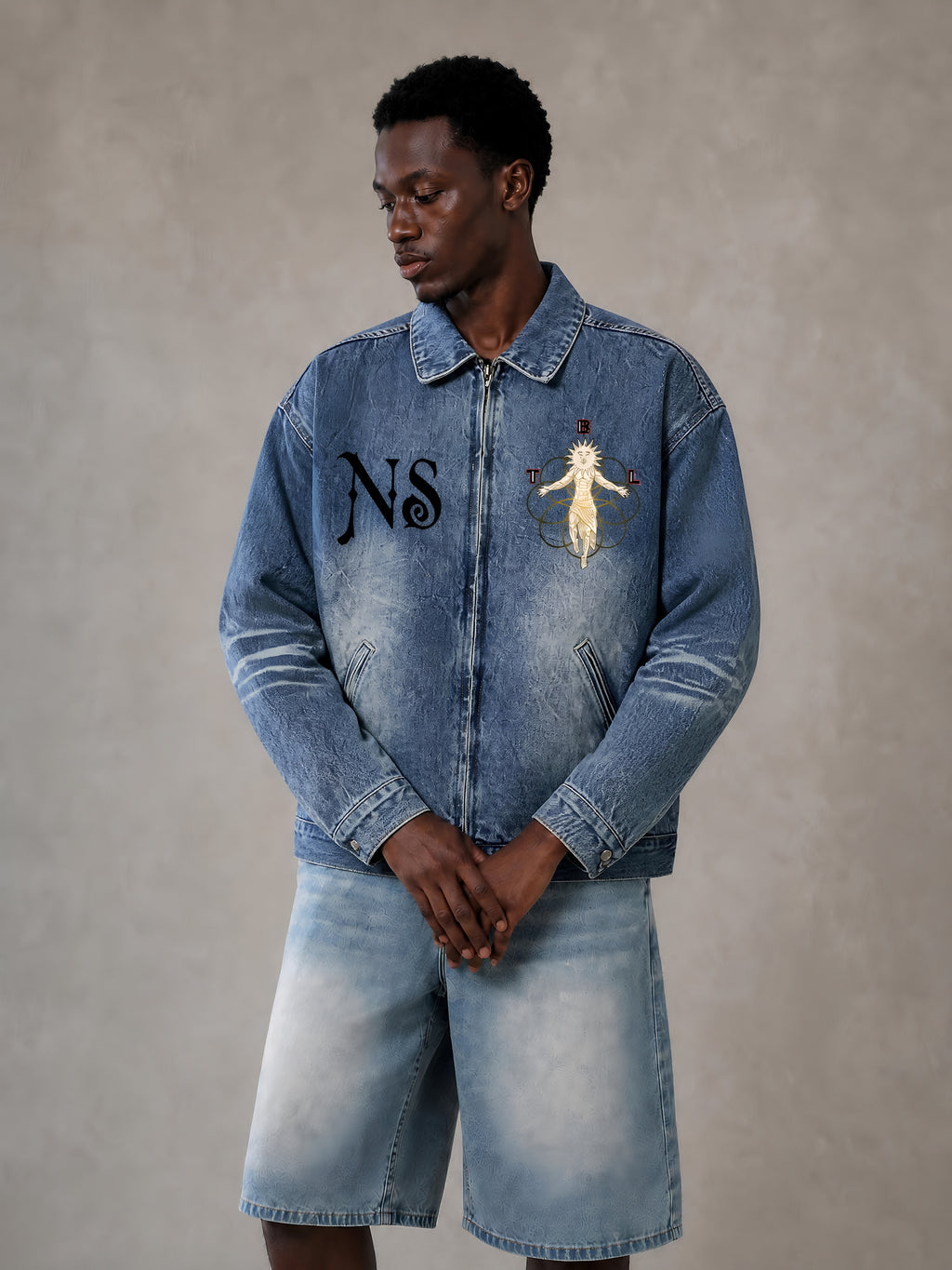 Vintage ( No Sleep )  Wash Zip Up Denim Jacket