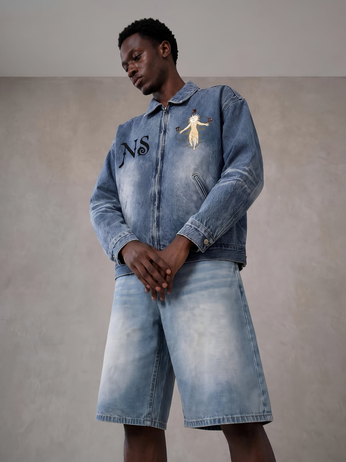 Vintage ( No Sleep )  Wash Zip Up Denim Jacket