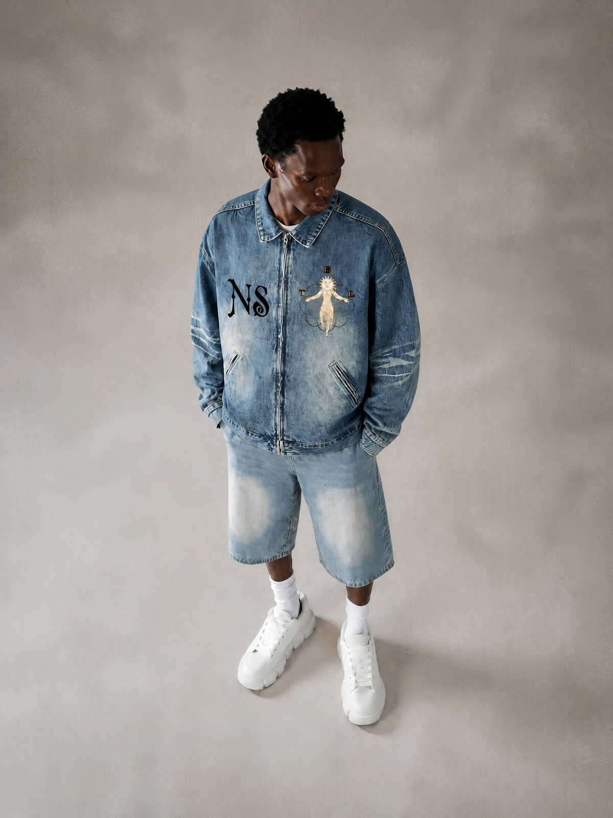 Vintage ( No Sleep )  Wash Zip Up Denim Jacket
