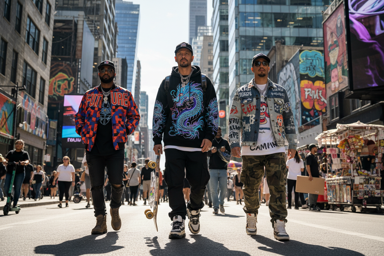 men walking through city with modern graphic street wear
